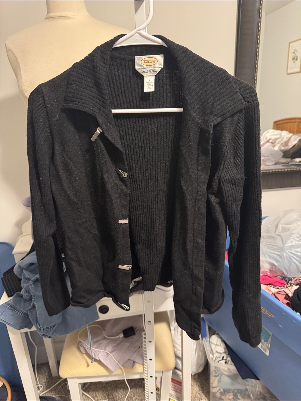Talbots Black Rib-Knit Shawl Collar Cardigan